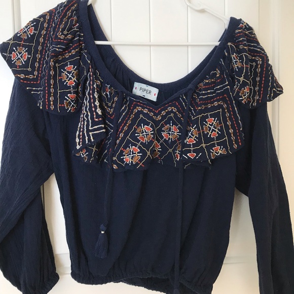 Navy embroidered off the shoulder top - Picture 4 of 4